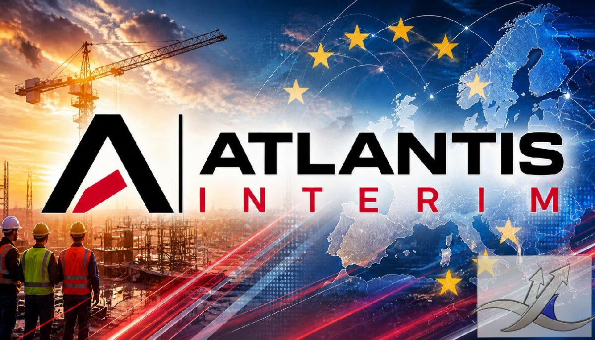Logo Atlantis Interim sur fond de bureau moderne.