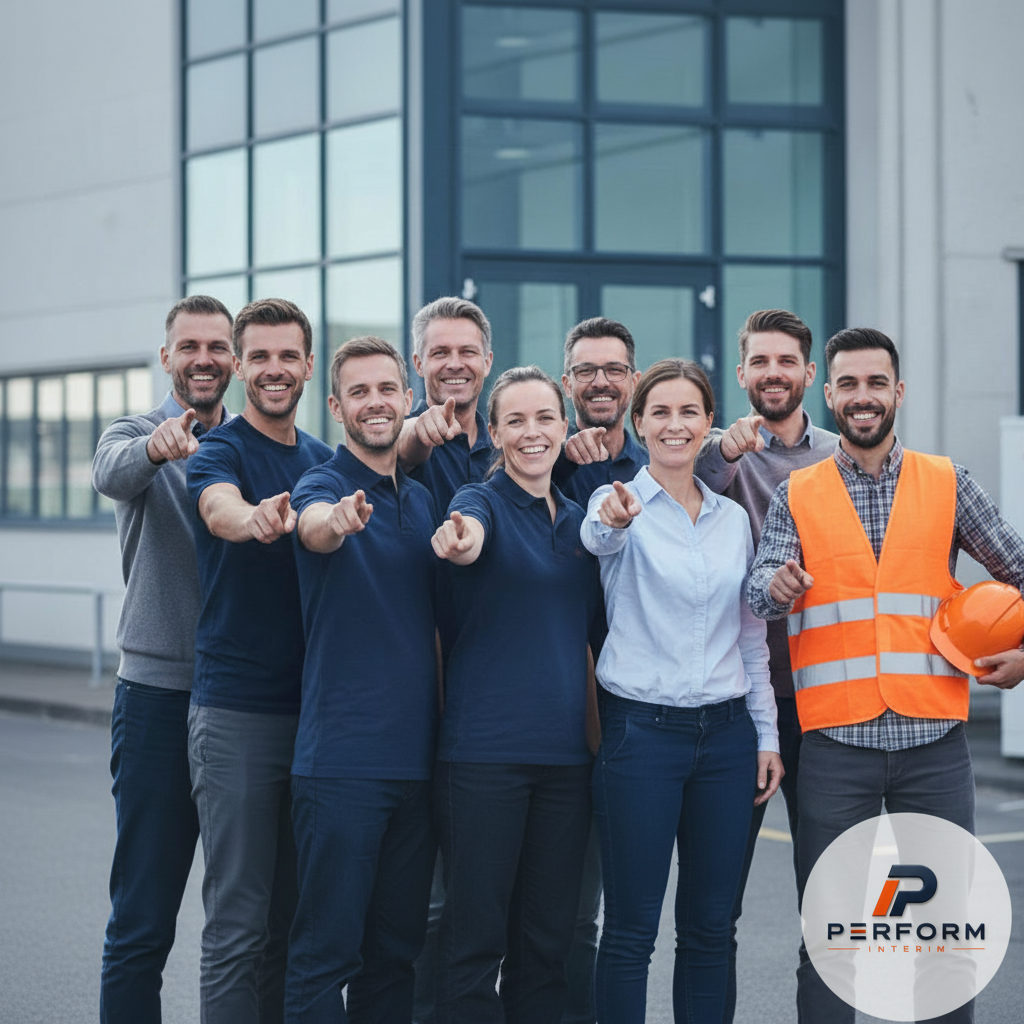 Travailleurs transfrontaliers souriants devant une usine.