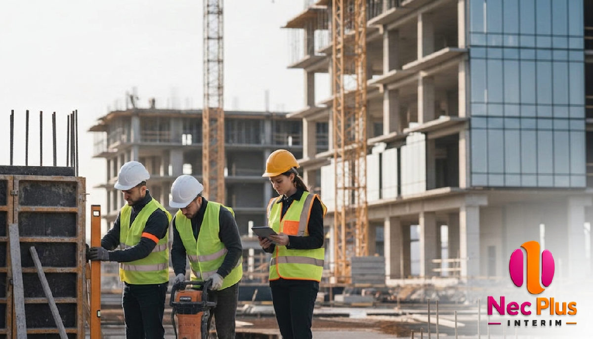 détachement travailleurs roumains BTP - Ouvriers roumains sur un chantier BTP moderne pour respecter les délais.