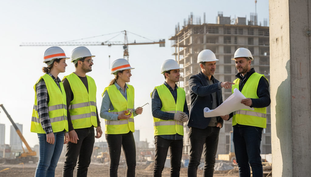 Travailleurs roumains intégrés sur un grand chantier BTP en France.
