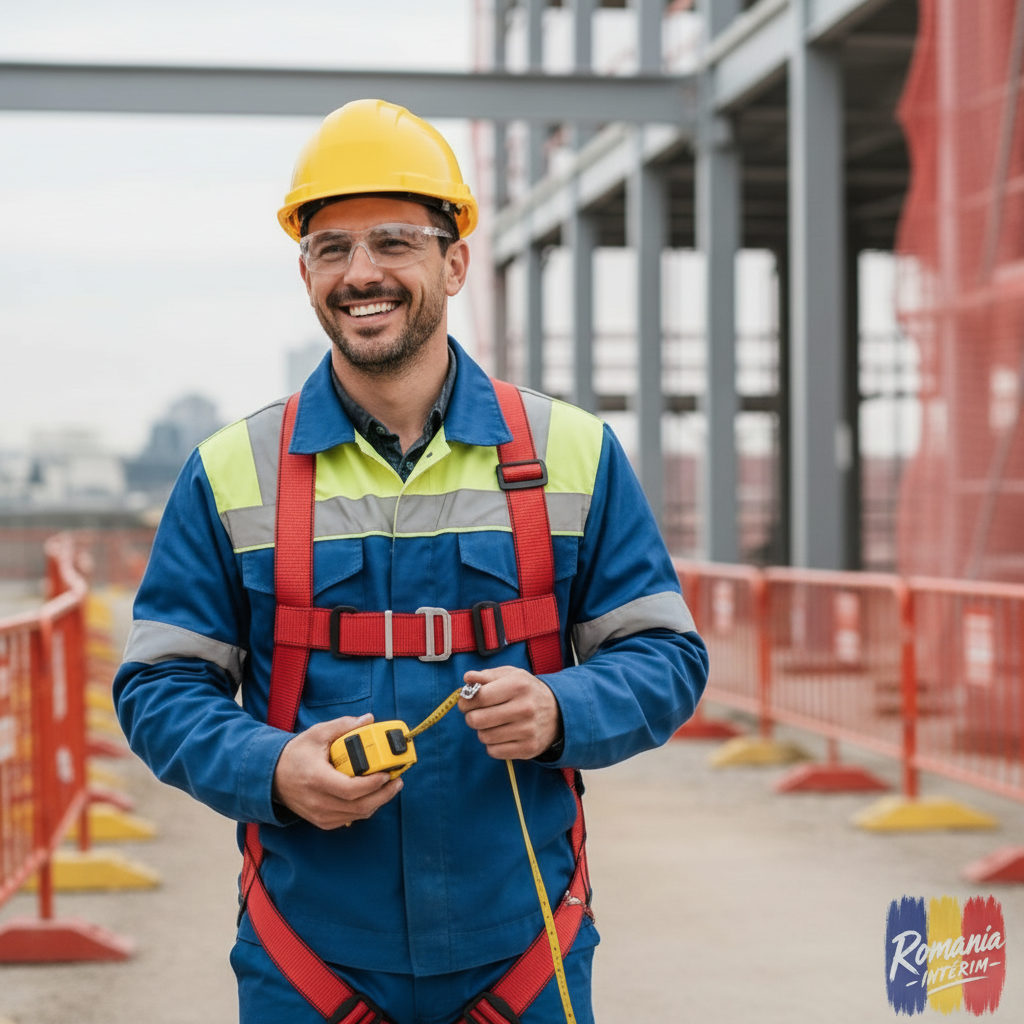 Ouvrier roumain souriant sur un chantier français conforme aux normes européennes.