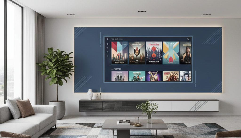 IPTV VOD – Moderner Smart-TV zeigt eine übersichtliche Benutzeroberfläche mit Filmplakaten.