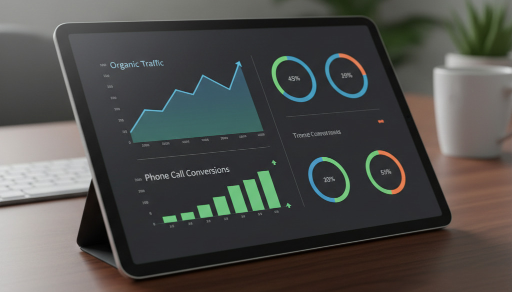 Tablet shows local SEO dashboard with traffic and call conversion graphs.