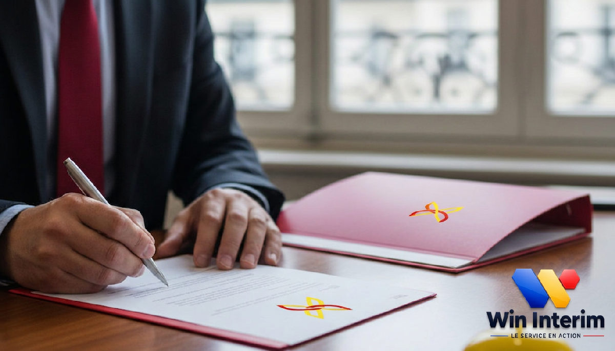 Signature d'un contrat avec le logo Win Interim.