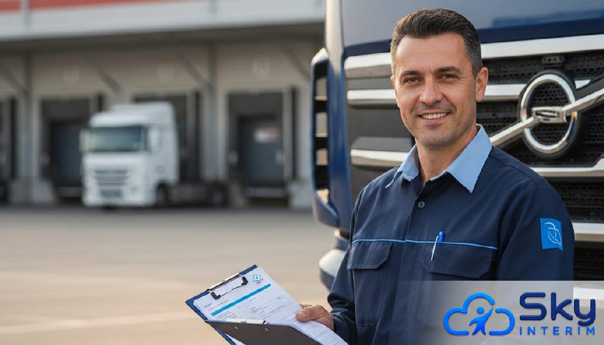 Chauffeur routier roumain souriant devant son camion, documents en main.