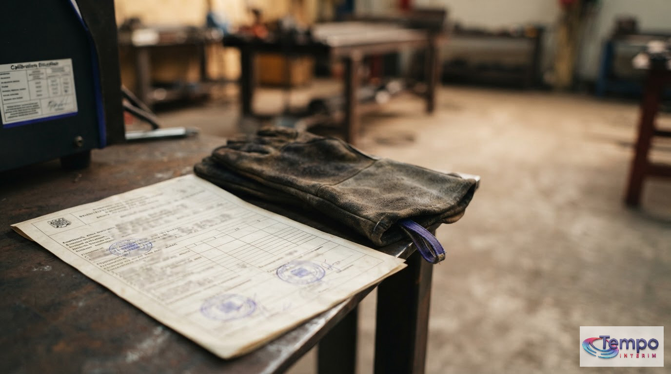 Gros plan sur une certification de soudage et des gants de protection.