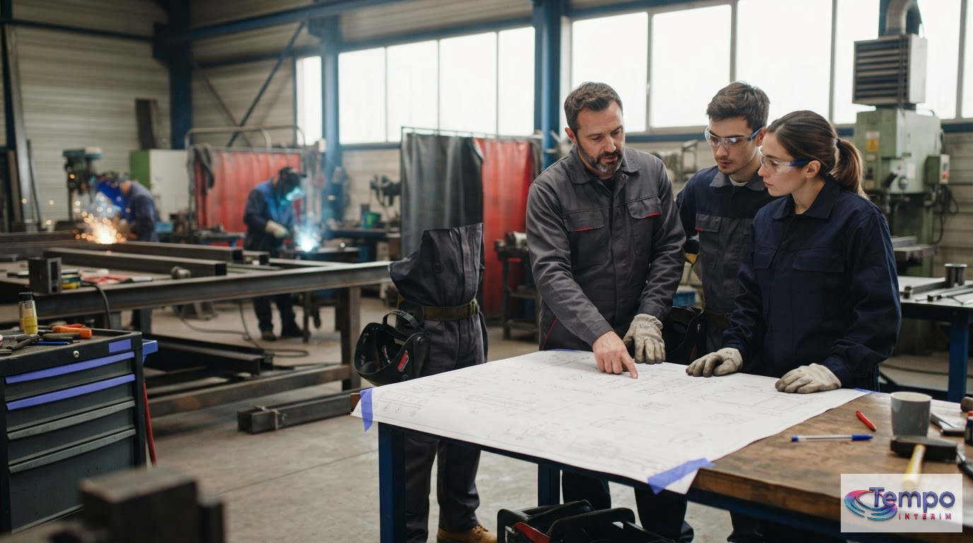 Équipe de soudeurs examinant un plan industriel dans un atelier.