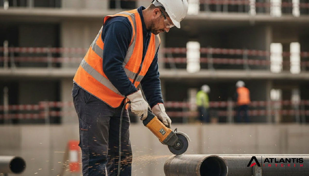 Ouvrier roumain sur chantier français avec EPI.