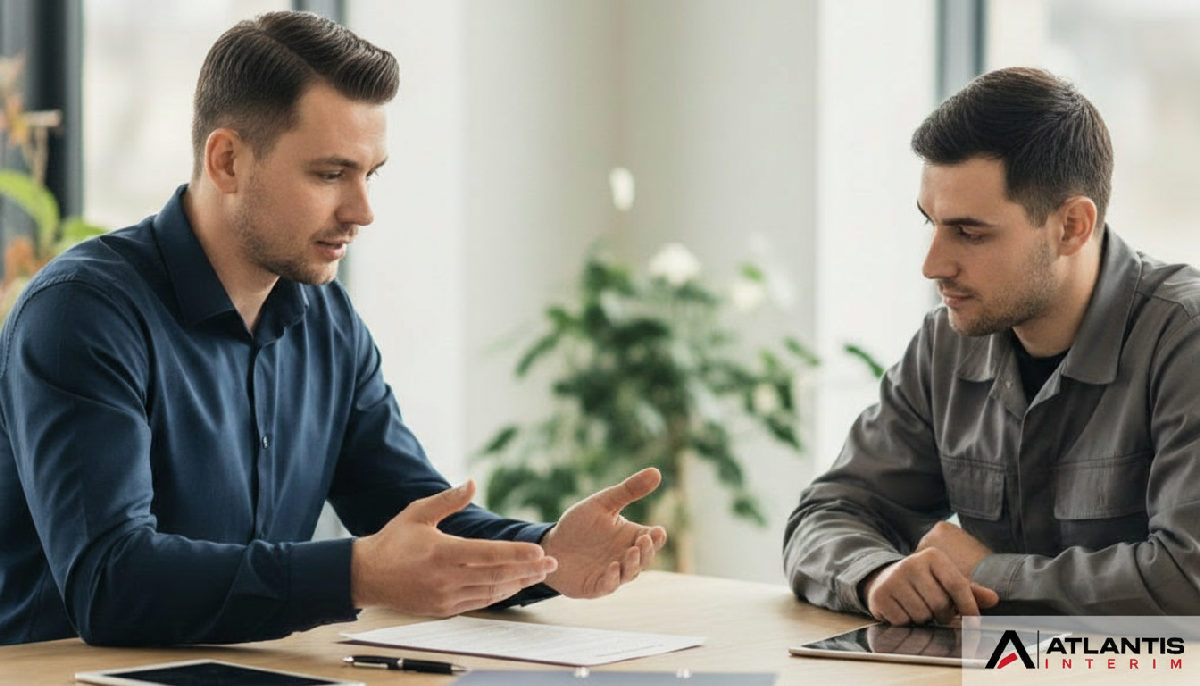 Conseiller expliquant un contrat de travail à un travailleur roumain.