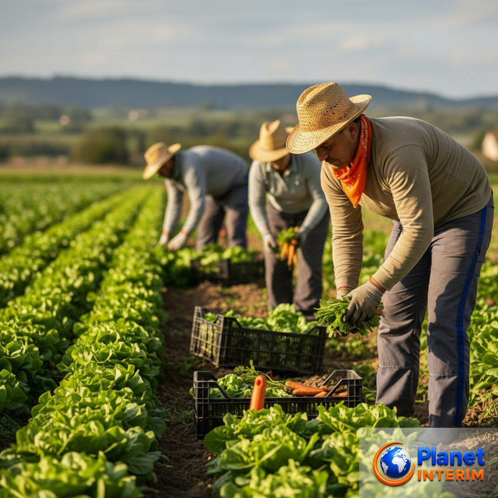 compétences intérim roumain agriculture - Travailleurs agricoles roumains récoltant des légumes en France.