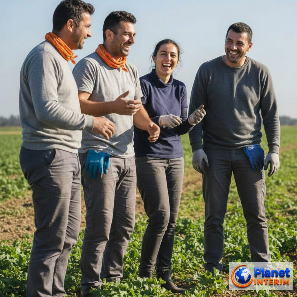 Groupe de travailleurs agricoles souriants profitant d'une pause.