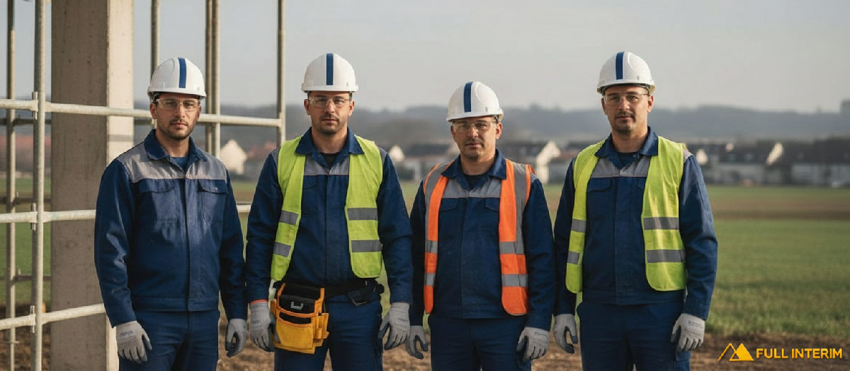 Ouvriers roumains sur chantier en France avec EPI.