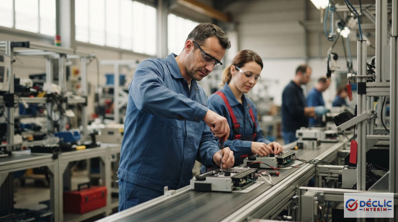 Ouvriers roumains qualifiés travaillant sur une ligne de production industrielle.