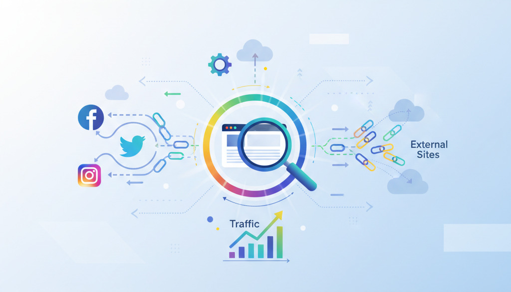 Infographic illustrating interconnected SEO elements like social media and backlinks.