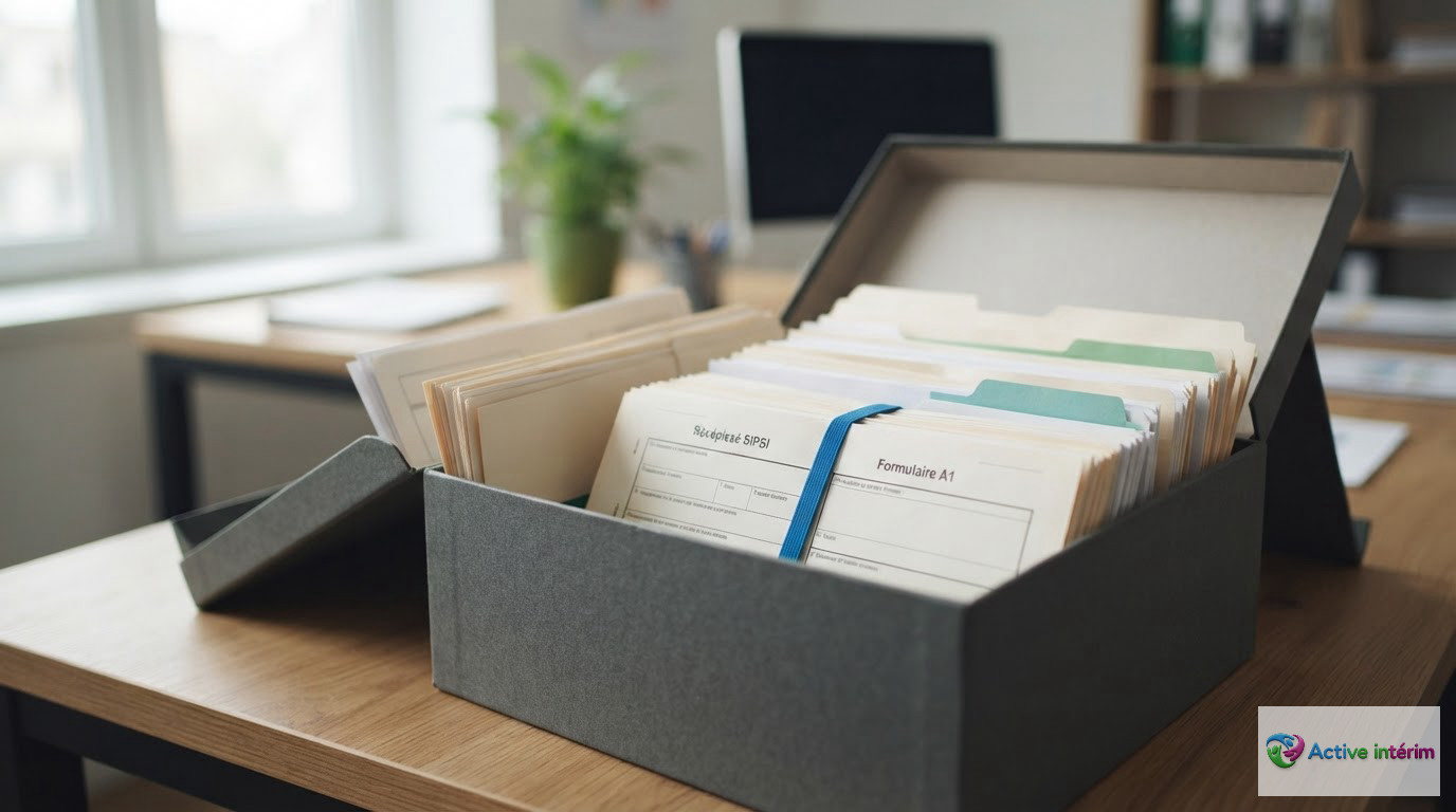 Un dossier organisé contenant un récépissé SIPSI et un formulaire A1.