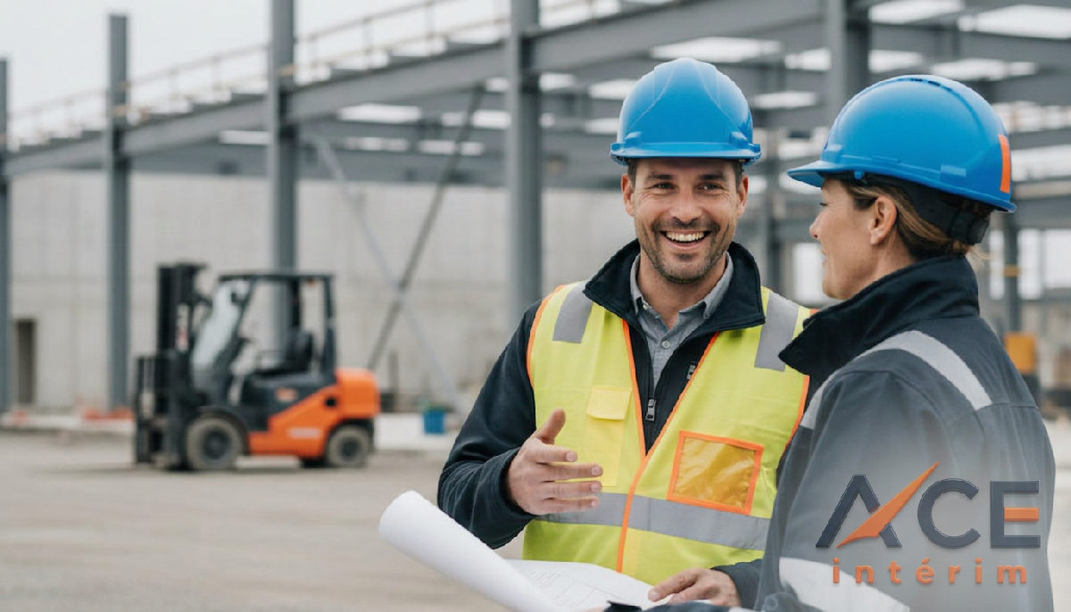 Gestionnaire Ace Interim discutant avec un client sur un chantier.