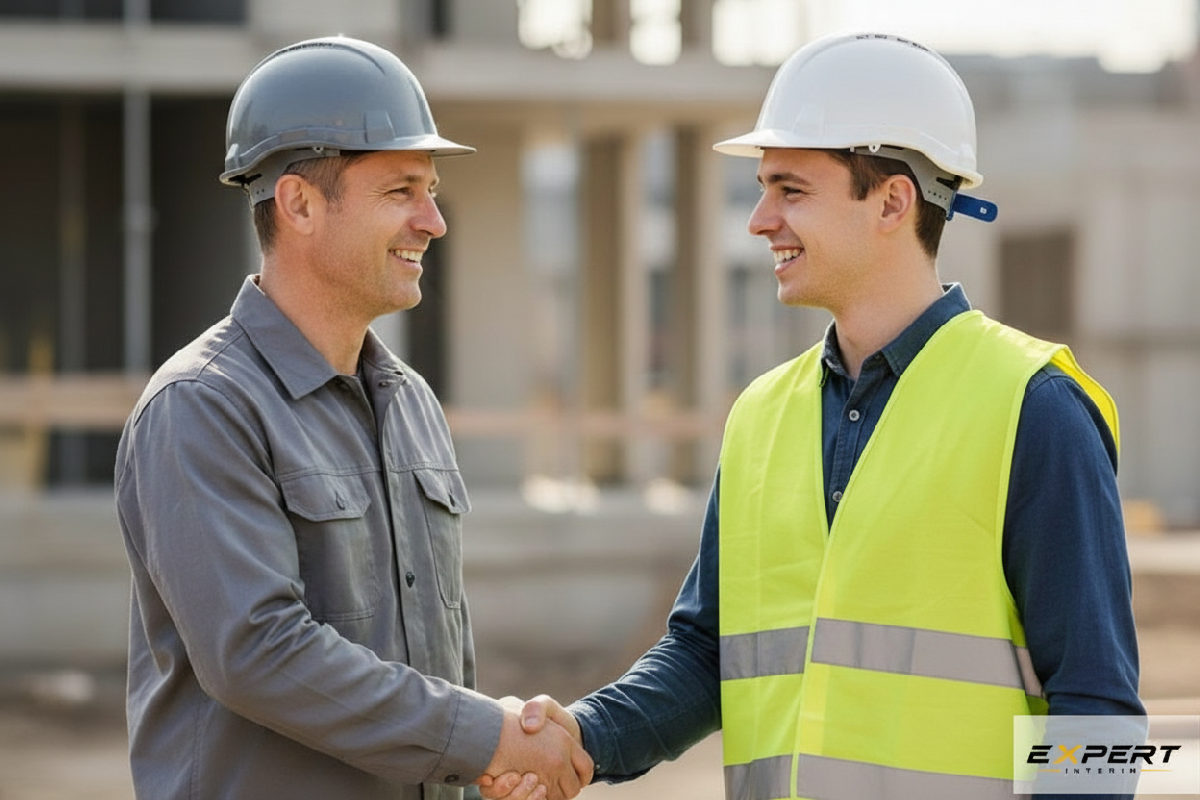 comment optimiser recrutement intérim PME bâtiment - Un manager accueille un intérimaire, symbolisant une bonne intégration.