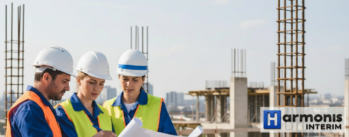 Ouvriers roumains compétents étudiant des plans sur un chantier moderne.
