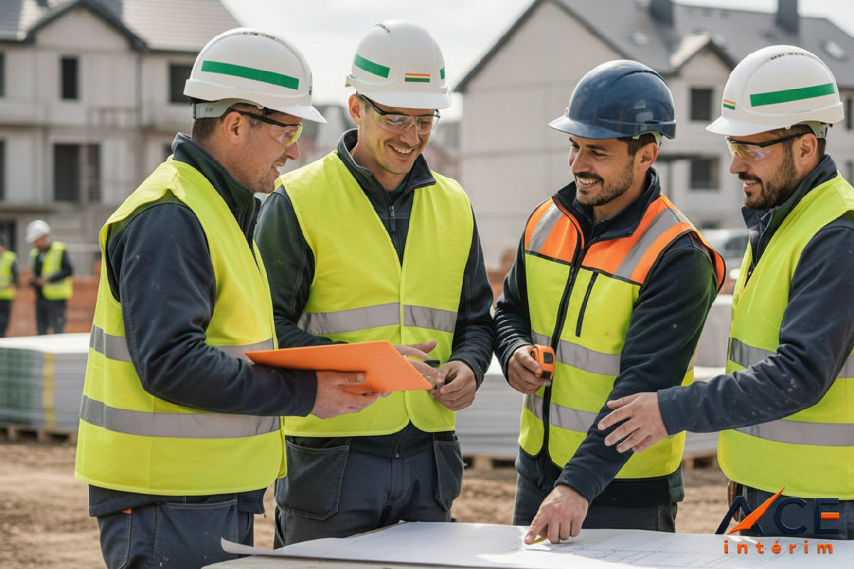 Maçons roumains et chef de chantier français discutant des plans.