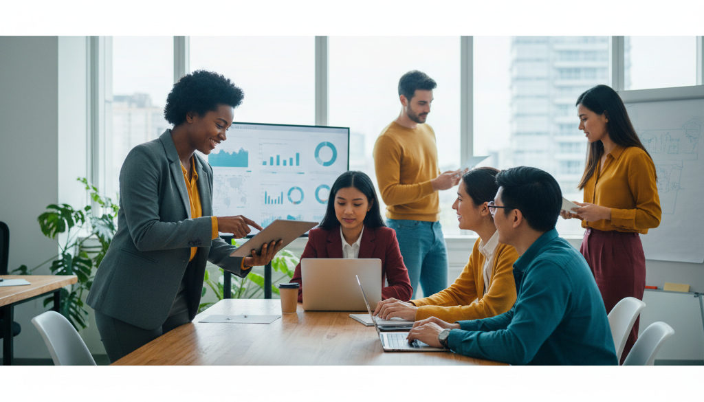 Culture entreprise & recrutement international : stratégies 1 culture entreprise recrutement international – Équipe internationale diversifiée collaborant dans un bureau lumineux.
