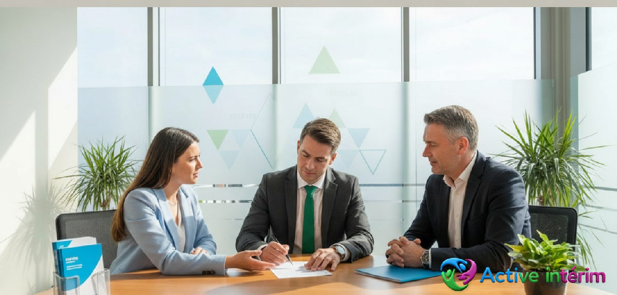 Conseillers Active Interim expliquant les contrats d'assurance aux clients.
