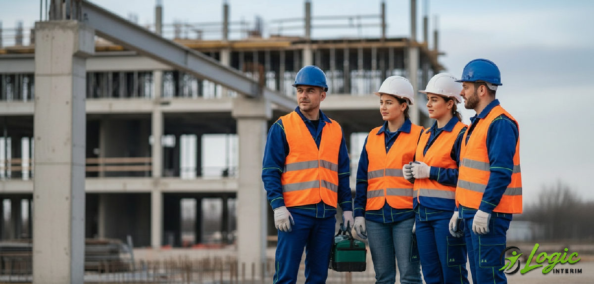 Ouvriers roumains qualifiés en tenue de sécurité sur site industriel.