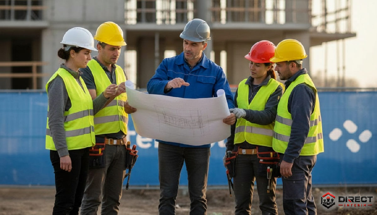 Chef de chantier expliquant des plans à une équipe mixte.