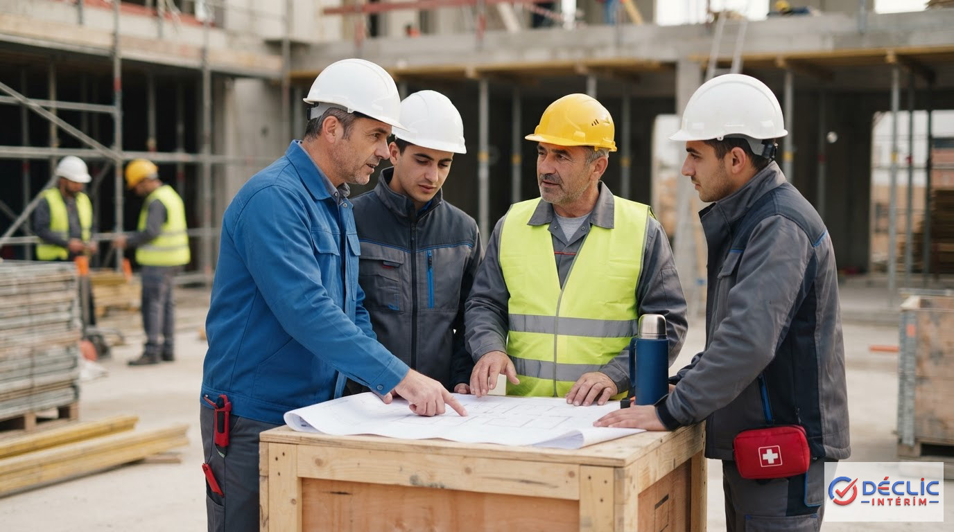 Un chef de travaux et des ouvriers roumains examinant ensemble des plans.