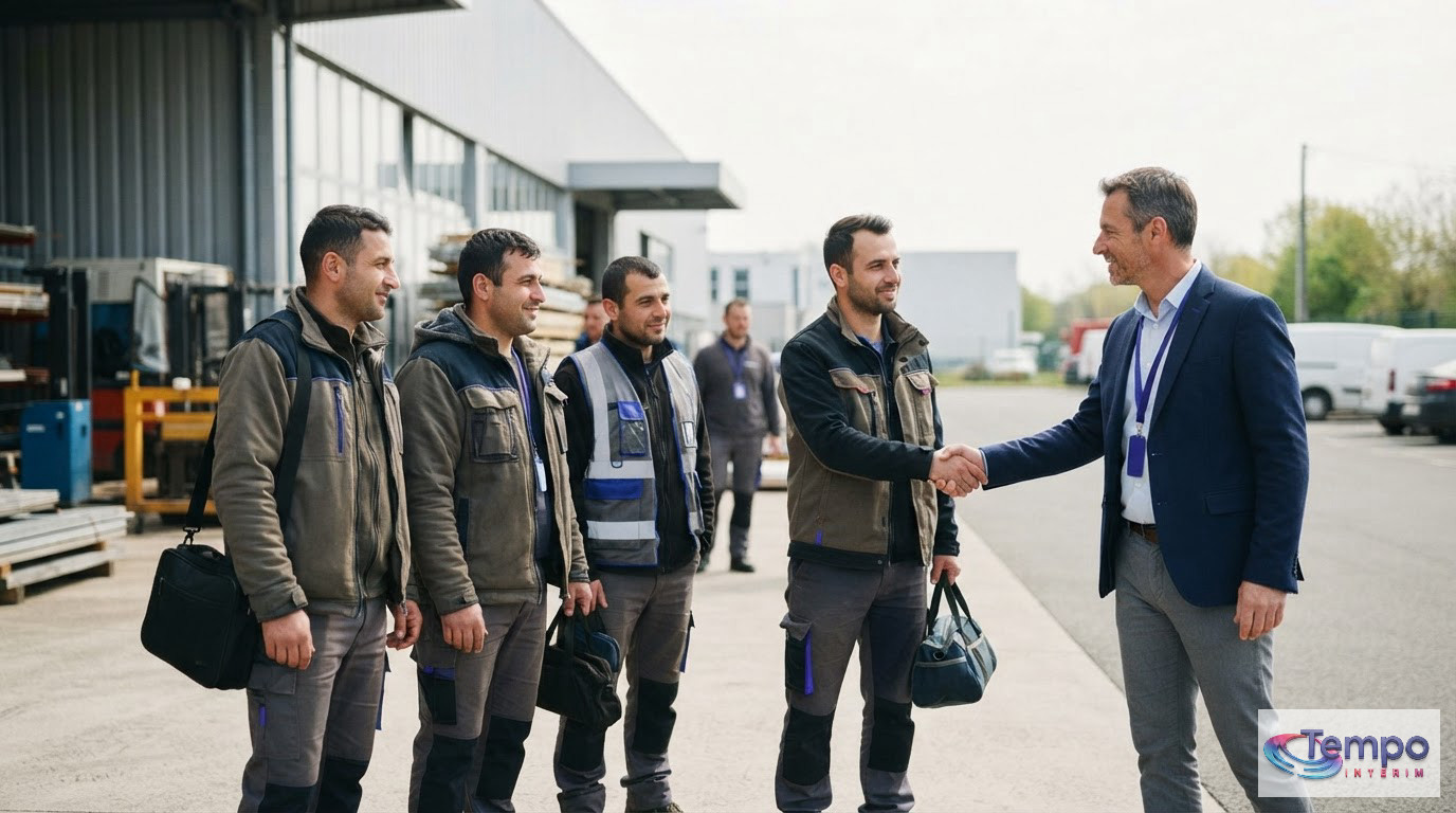 Un responsable RH accueillant des travailleurs étrangers en milieu industriel.