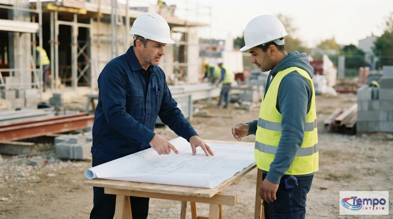 Un chef de chantier discutant des plans avec un ouvrier.
