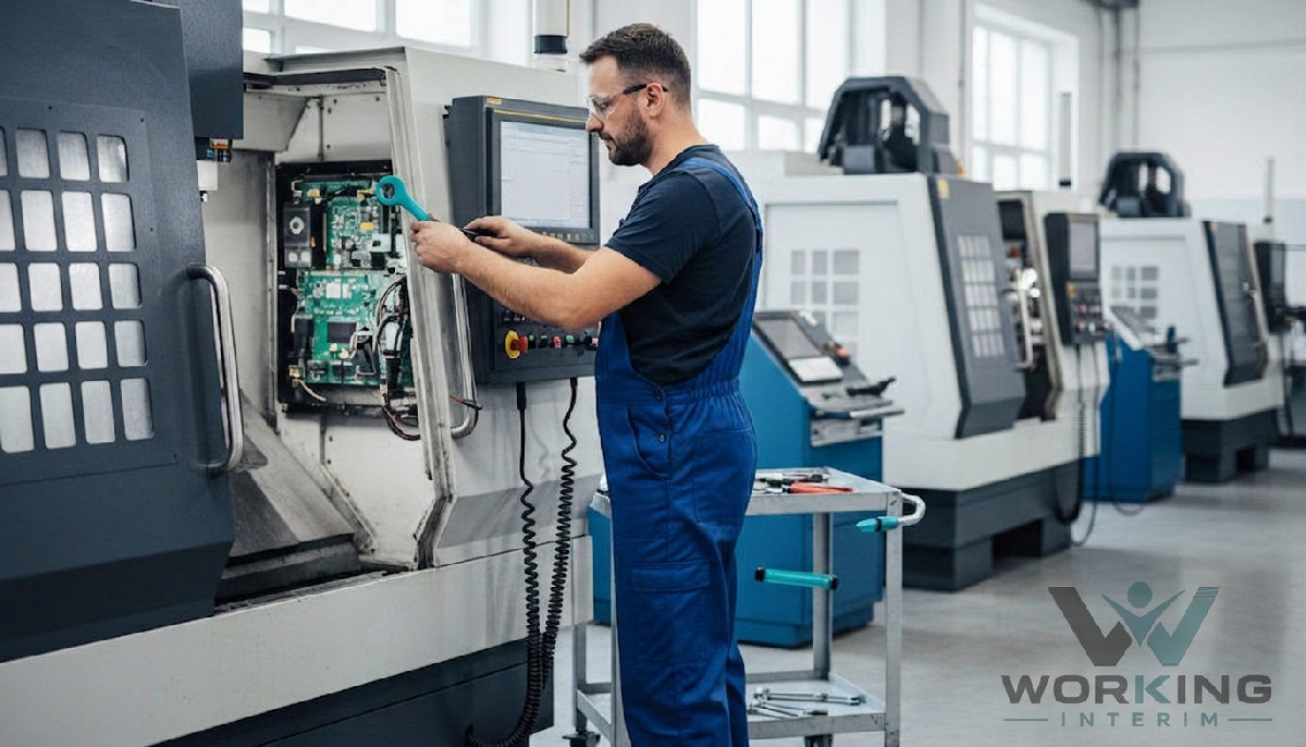 Technicien roumain répare une machine-outil CNC dans un atelier moderne.