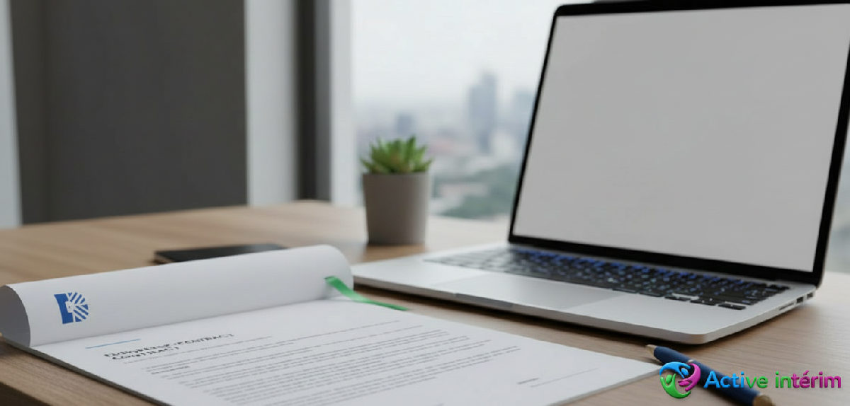 Contrat de travail européen sur un bureau avec un ordinateur.