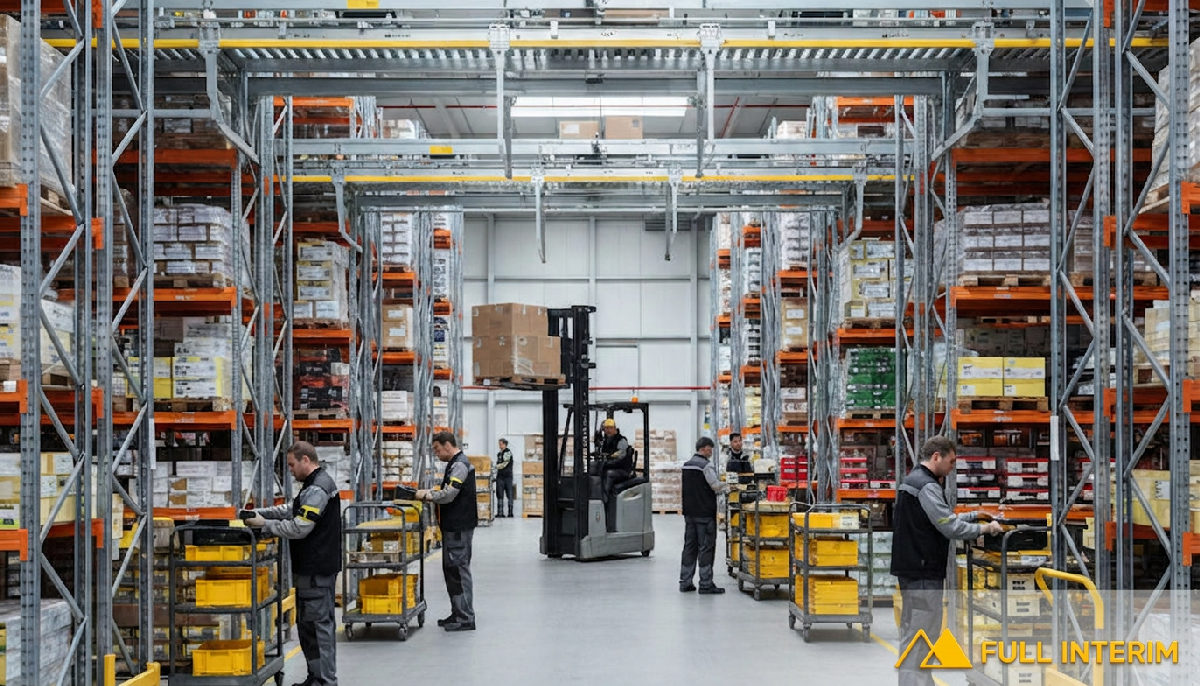 Intérieur d'un entrepôt logistique moderne avec préparateurs de commandes.
