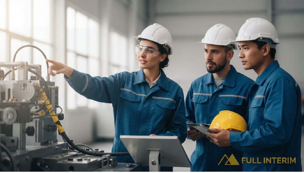 Équipe de techniciens en production industrielle travaillant efficacement.