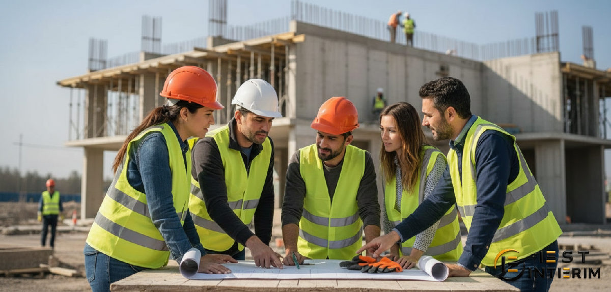 Groupe diversifié de travailleurs du bâtiment collaborant sur un plan.