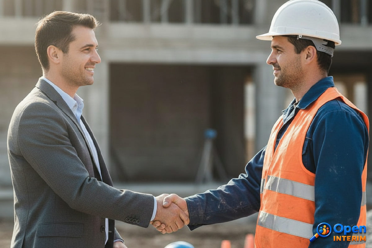 Poignée de main entre manager français et ouvrier roumain sur chantier.
