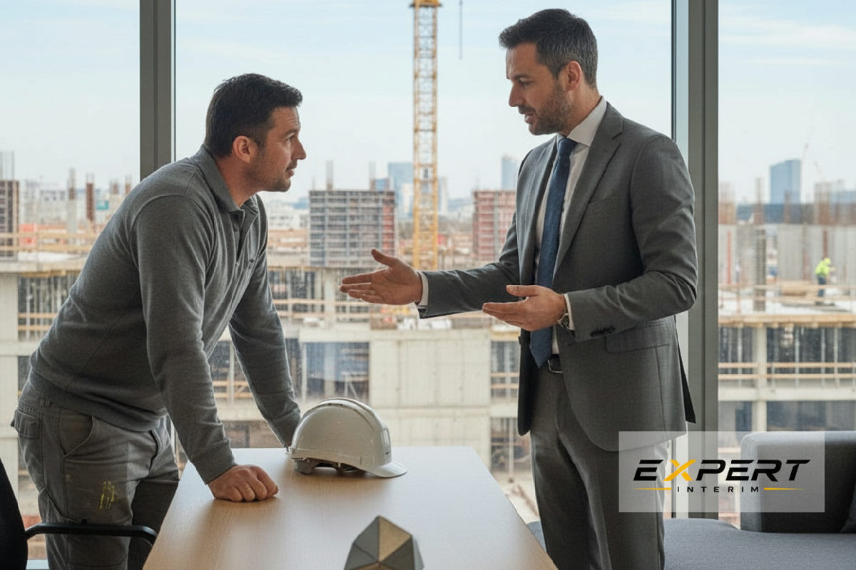 Responsable agence Expert Interim avec client BTP, vue chantier.