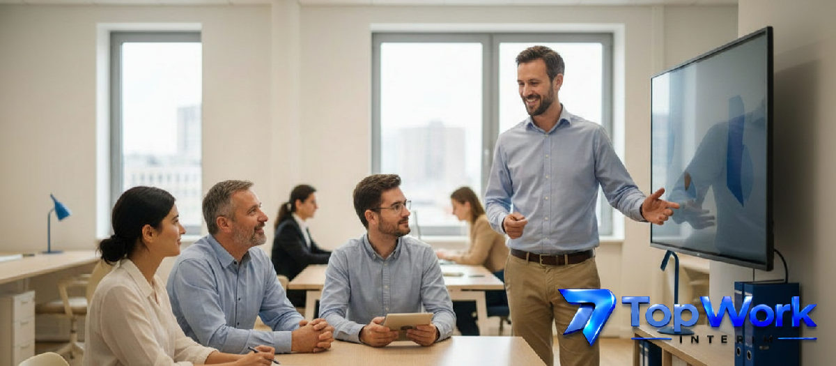 Des nouveaux employés roumains discutant avec leur responsable.