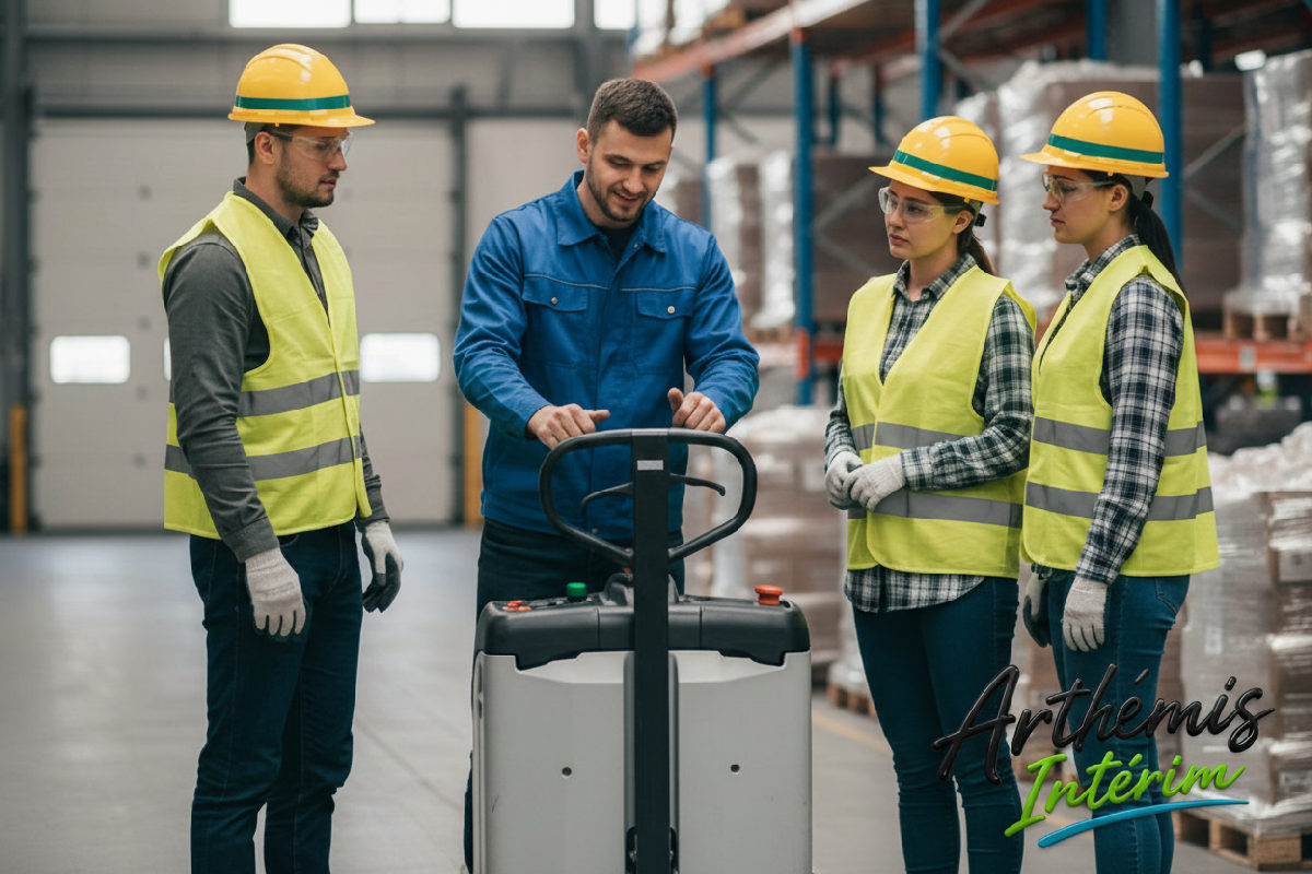 Apprentissage de la conduite d'un transpalette en entrepôt.
