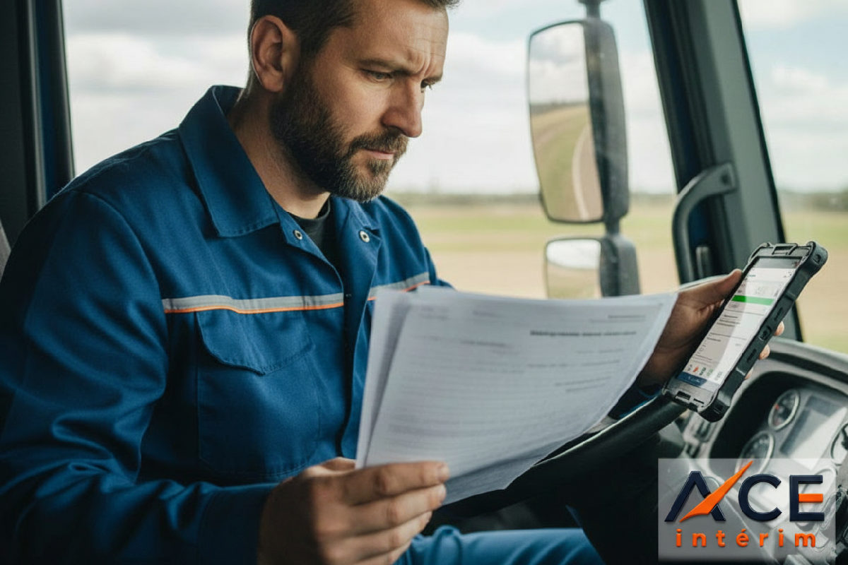 Conducteur roumain concentré dans sa cabine, vérifiant ses documents.