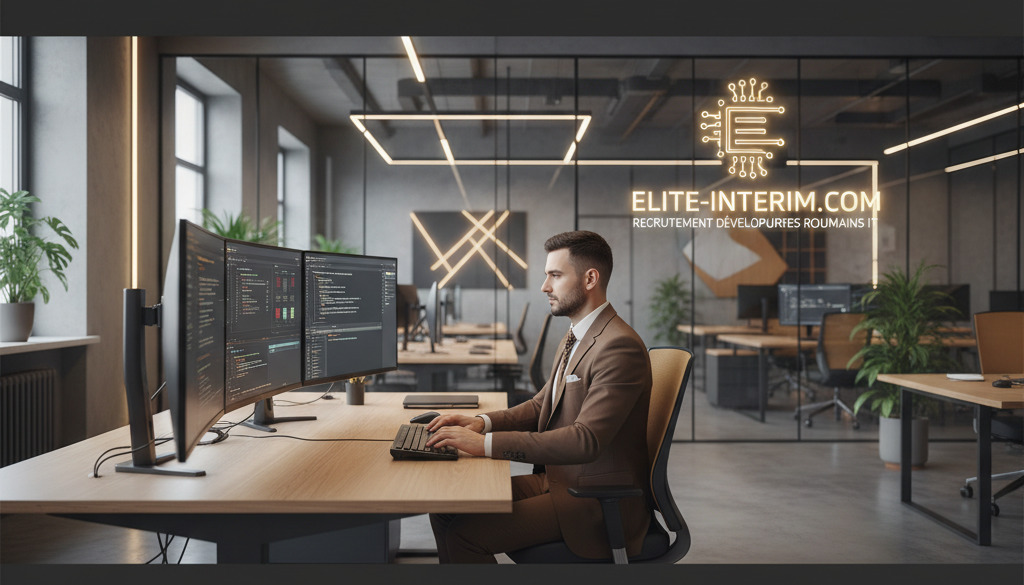 recrutement développeurs roumains IT - Développeur roumain dans un bureau IT moderne.