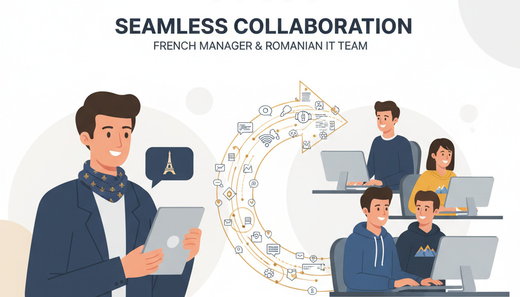 Infographie : collaboration entre un manager français et une équipe IT roumaine.