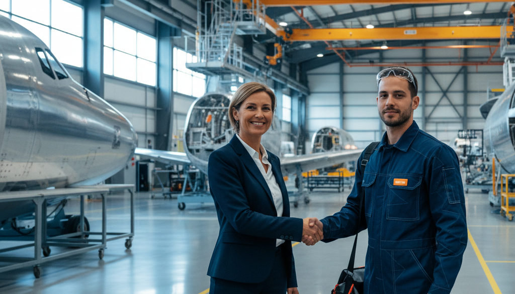 Accueil d'un technicien roumain dans une usine aéronautique.