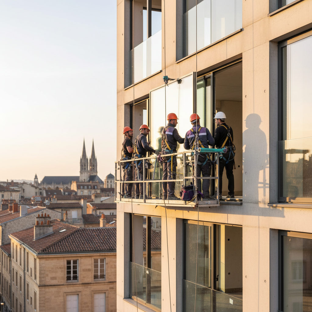 Une équipe de menuisiers posant des fenêtres sur un bâtiment moderne à Bordeaux, montrant l'efficacité du détachement.