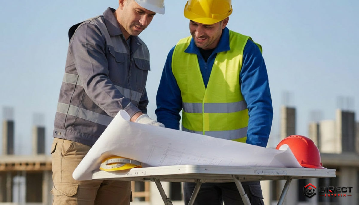 Manager français et travailleur roumain étudiant des plans de construction.