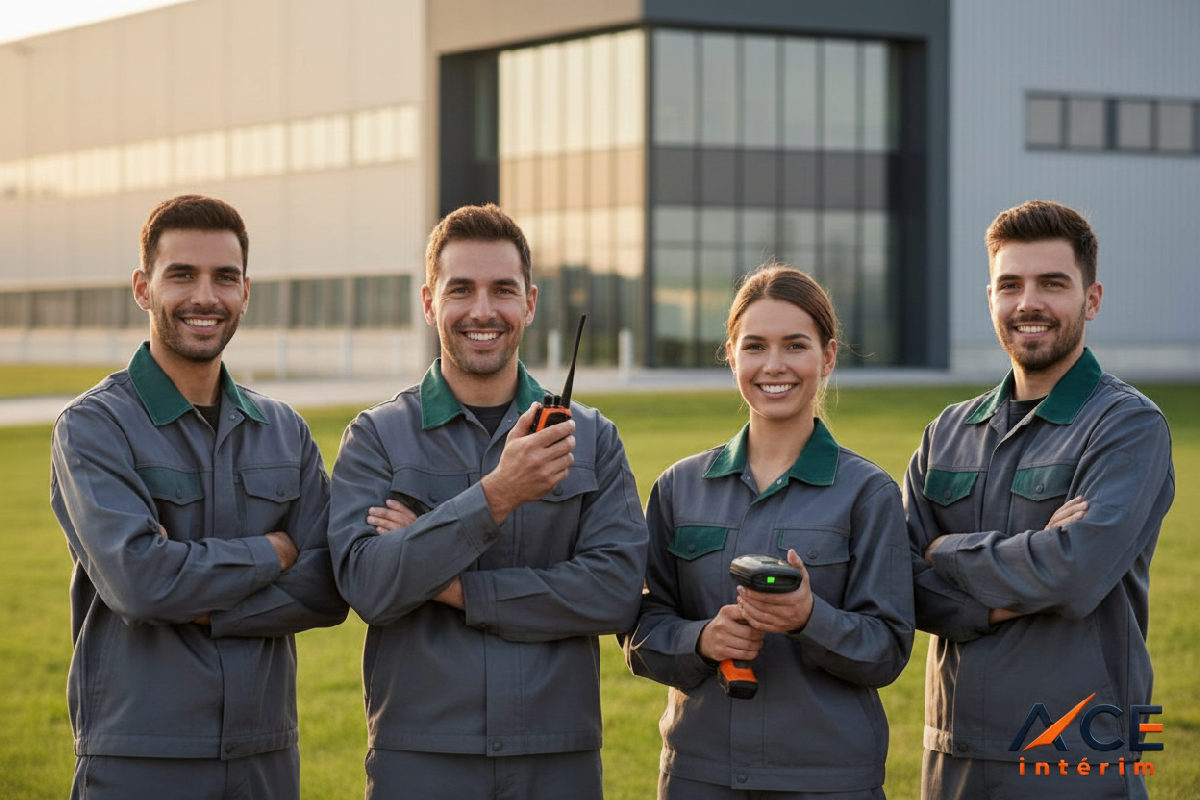 Travailleurs logistiques souriants devant un entrepôt moderne.