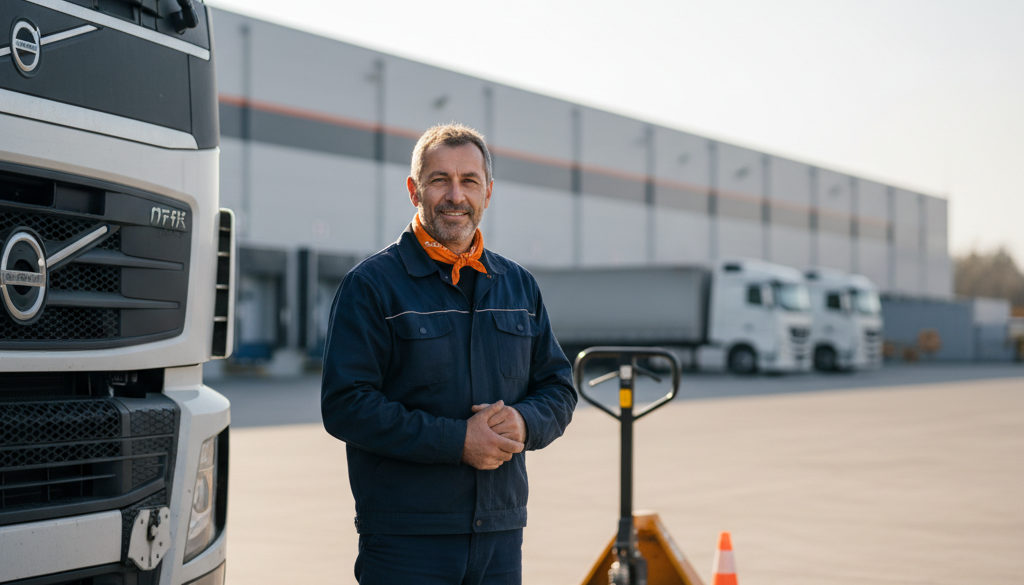 Entrepôt logistique avec des camions de livraison.