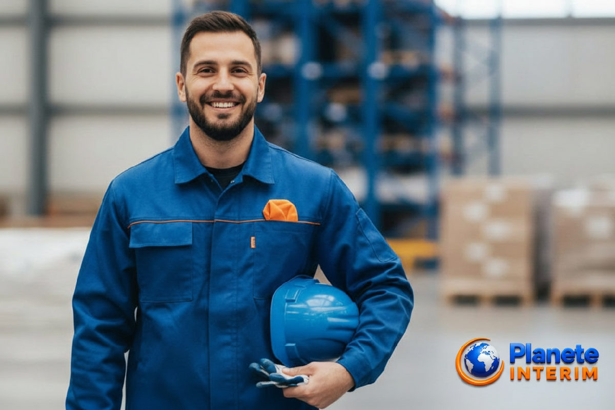Travailleur roumain qualifié en tenue logistique, souriant.