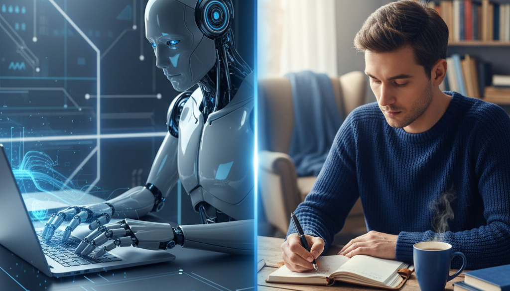 Rozdělená obrazovka: robot píše na notebooku, člověk píše.
