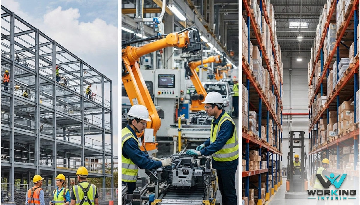 Collage de secteurs : BTP, usine, logistique, avec travailleurs.